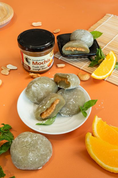 Recette mochi matcha garniture orange fruits secs