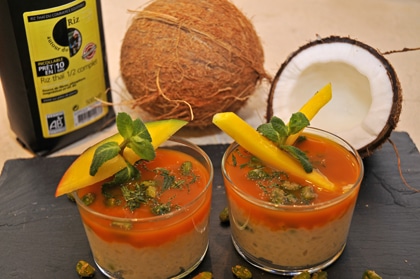 Riz au lait de coco, mangue et menthe fraiche