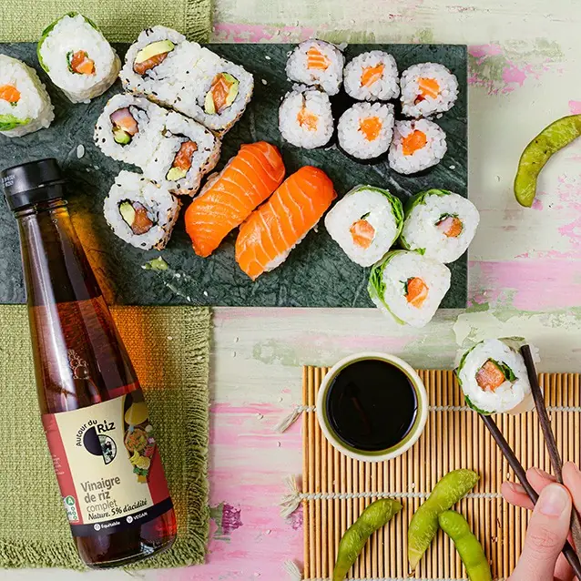 Sushis et makis avec Vinaigre de riz bio équitable 600 ml